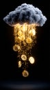 Coins falling from a cloud in dark space Royalty Free Stock Photo