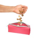 Coins are falling into the wallet on a white Royalty Free Stock Photo