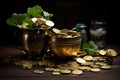 Coins financial cash pot background irish wealth currency golden finance gold money background Royalty Free Stock Photo