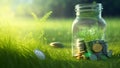 Coins in glass jar on green grass background, Saving money concept, wealth management