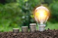 Coins in glass jar with light bulbs young plant on top put on th Royalty Free Stock Photo