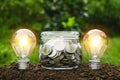 Coins in glass jar with light bulbs young plant on top put on th Royalty Free Stock Photo