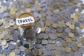 Coins in a glass jar with note written ` SAVING `. Royalty Free Stock Photo