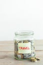 Coins in jar with Travel label Royalty Free Stock Photo