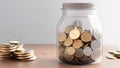 Coins in a glass jar on wooden table with copy space, donation concept Royalty Free Stock Photo