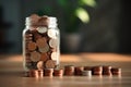 Coins in a glass jar on wooden table. Saving money concept, Growing stacks of coins and a jar of coins on a table, AI Generated