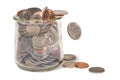 Coins. Glass jars with coins. Money Savings concept. Falling currency. Coin Dollar, 1 penny, 5 Nickel, 10 Dime, 25 Quarter