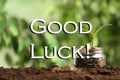 Coins with green plant and phrase GOOD LUCK on green background