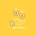 coins, hand, currency, payment, money Flat Line Filled Icon. Beautiful Logo button over yellow background for UI and UX, website Royalty Free Stock Photo