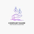 coins, hand, currency, payment, money Purple Business Logo Template. Place for Tagline Royalty Free Stock Photo