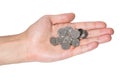 Coins in hands. Hand holding coins. Ukrainian money