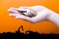 Coins in hands on Industry silhouette Landscape background