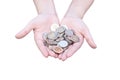 Coins in hands Isolated on white Royalty Free Stock Photo