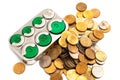 Coins holder and small change Royalty Free Stock Photo