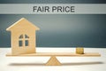 Coins and house on the scales with the words Fair price. Property valuation. Home appraisal. Housing evaluator. Fair trade. Legal