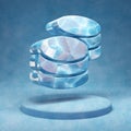 Coins icon. Cracked blue Ice Coins symbol on blue snow podium