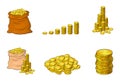 Coins isolated cartoon set, collection. Gold stack, heap, pile of money. Bag, sack of cash, wealth income graph. Vector Royalty Free Stock Photo