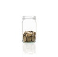 Coins in a jar, concept of cash accumulation for emergencies.