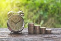 Coins in jar with money stack step growing money Royalty Free Stock Photo