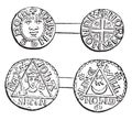 Coins minted during the reign of King John, vintage engraving