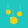 Coins money falling or dropping vector flat cartoon icon isolated on color background, tree golden coin flying, cashback