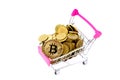 Coins money and shopping cart or supermarket trolley business finance concept isolate on white background Royalty Free Stock Photo