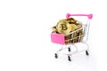 Coins money and shopping cart or supermarket trolley business finance concept isolate on white background Royalty Free Stock Photo