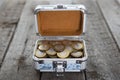 Coins money in small box on table. Ruble. Royalty Free Stock Photo