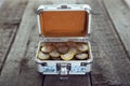 Coins money in small box on table. Ruble. Royalty Free Stock Photo