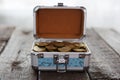 Coins money in small box on table. Ruble. Royalty Free Stock Photo