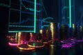 Coins and neon currency chart. Financial market. AI generative