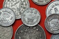 Coins of Nepal. Hindu trishul on the mountain Royalty Free Stock Photo