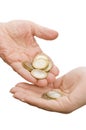 Coins from old hands Royalty Free Stock Photo