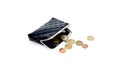 Coins from the old wallet on a white background. Vintage empty purse. The concept of poverty in retirement