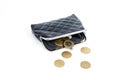 Coins from the old wallet on a white background. Vintage empty purse. Poverty. Bankruptcy Royalty Free Stock Photo