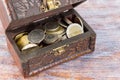 Coins in an old wooden box Royalty Free Stock Photo