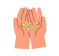 Coins in palms icon. Hands holding gold cash money, change. Finance, charity and philanthropy concept. Financial