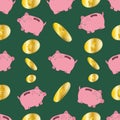 Coins and piggy bank. Storage finance. Seamless vector pattern. Ornament on an isolated green background. Coin hole. Cartoon style