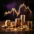 Coins pile on growth graph symbolize prosperous business investments in stock markets