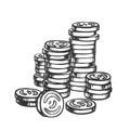 Coins Pile Stacked, Metal Money Monochrome Vector