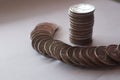 Coins, pile of coins on white background Thai coins, baht currency Royalty Free Stock Photo