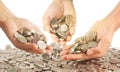 Coins placed on top. While  hand pouring coins Royalty Free Stock Photo