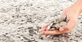 Coins placed on top. While a men`s hand pouring coins Royalty Free Stock Photo