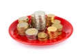 Coins on the plate on white Royalty Free Stock Photo