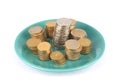 Coins on the plate on white Royalty Free Stock Photo