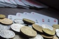 Coins and playing cards closeup Royalty Free Stock Photo