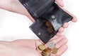 Coins poured from the old wallet into the hand palm Royalty Free Stock Photo