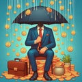 Coins raining from above onto a man with an umbrella