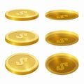 Vector set of golden coin with dollar symbol with different viem on transparent background. Royalty Free Stock Photo