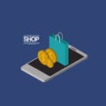 Coins and shopping bags over smartphone colorful poster isometric shop online